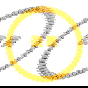 Tiffany & Co. Gold 'San Marco Link' Necklace and Pair of Earclips: 18 and 14 kt., necklace signed Tiffany & Co., with concealed pendant loop, earclips unsigned, ap. 59.2 dwts. Length 14 1/2 inches. * Earclips with 14 kt. gold clip-backs.