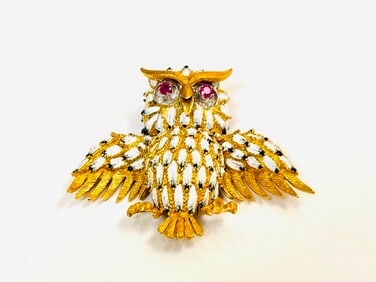 Gold, Enamel, Ruby and Diamond Owl Clip-Brooch