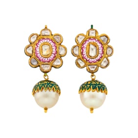 Pair of Indian Gold, Multicolored Enamel, Foil-Backed Diamond and Golden Cultured Pearl