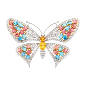 White Gold, Gem-Set and Diamond Butterfly Clip-Brooch
