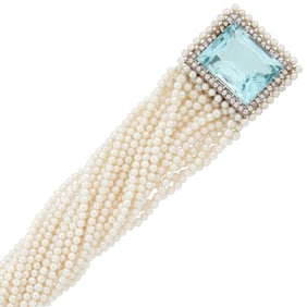 Multistrand Cultured Pearl Torsade Bracelet with White Gold, Aquamarine and Diamond Clasp