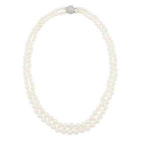 Double Strand Cultured Pearl Necklace with White Gold and Diamond Clasp