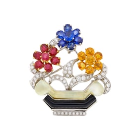 Platinum, Gem-Set, Diamond, Rock Crystal and Black Onyx 'En Tremblant' Bouquet Clip-Brooch