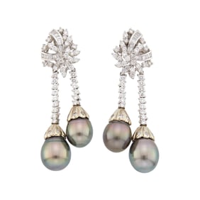 Pair of Platinum, Tahitian Gray Cultured Pearl and Diamond Pendant-Earclips