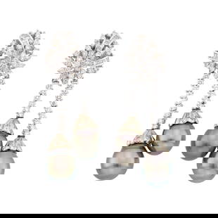 Pair of Platinum, Tahitian Gray Cultured Pearl and Diamond Pendant-Earclips: 18 kt., 4 drop-shaped pearls ap. 12.2 x 11.6 to 10.3 x 10.2 mm., 92 round and 36 tapered baguette diamonds ap. 3.45 cts., ap. 20.2 dwts. gross. Pearls: medium deep gray, strong rose, purple and green