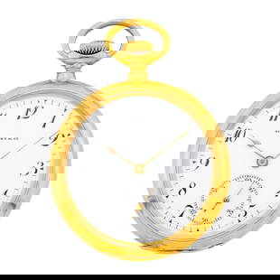 Tiffany & Co. Gold Open Face Pocket Watch: 14 kt., round white porcelain enamel dial, black Arabic numerals, minute indicators, sunken subsidiary dial, glass crystal, case dia. ap. 49 mm., dial, movement and case signed Tiffany &amp; Co., move