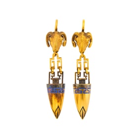 Pair of Archaeological Revival Gold and Enamel Pendant-Earrings, France