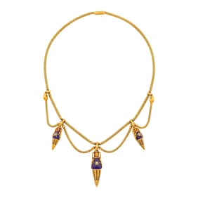 Archaeological Revival Gold, Blue Enamel and Diamond Swag Snake Chain Necklace