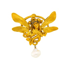 Art Nouveau Gold and Baroque Freshwater Pearl Brooch, France