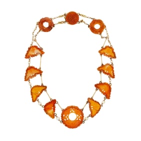 Double Strand Gold, Carved Carnelian and Cultured Pearl Necklace
