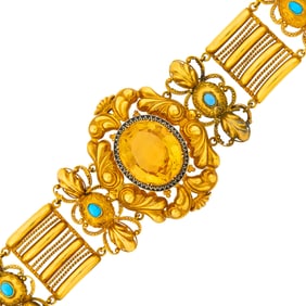 Antique Repoussé Gold, Citrine, Black Enamel and Turquoise Bracelet