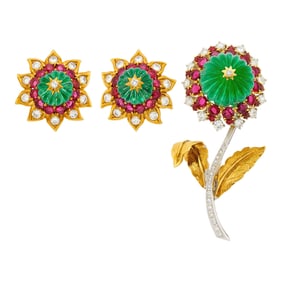 Two-Color Gold, Carved Emerald Bead, Ruby and Diamond Brooch and Pair of Earclips