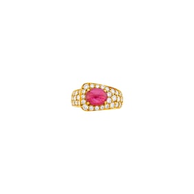 Gold, Cabochon Ruby and Diamond Ring
