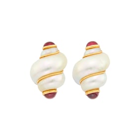 Maz Pair of Gold, Shell and Cabochon Pink Tourmaline Earrings