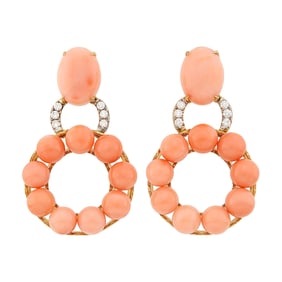 Pair of Gold, Angel Skin Coral and Diamond Hoop Pendant-Earclips