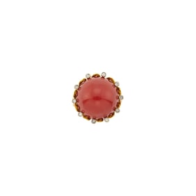 Gold, Oxblood Coral and Diamond Ring