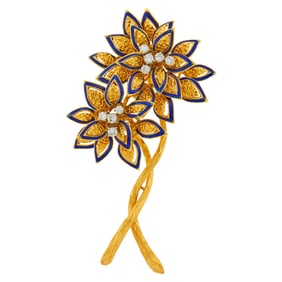 Gold, Diamond and Blue Enamel Flower Clip-Brooch
