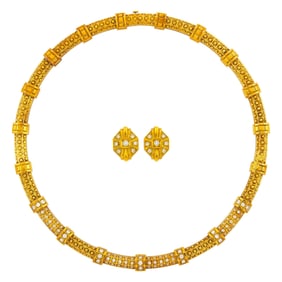 Gold and Diamond Necklace and Pair of Earclips