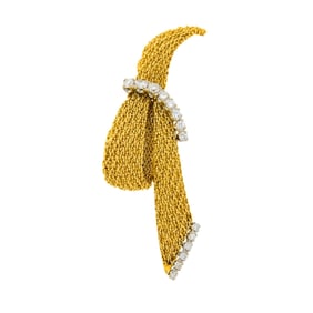Two-Color Gold and Diamond Mesh Bow Clip-Brooch
