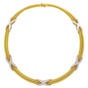 Double Strand Two-Color Gold and Diamond Braided Mesh Necklace