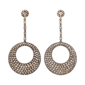 Pair of Blackened Gold, and Colored Diamond Hoop Pendant-Earrings