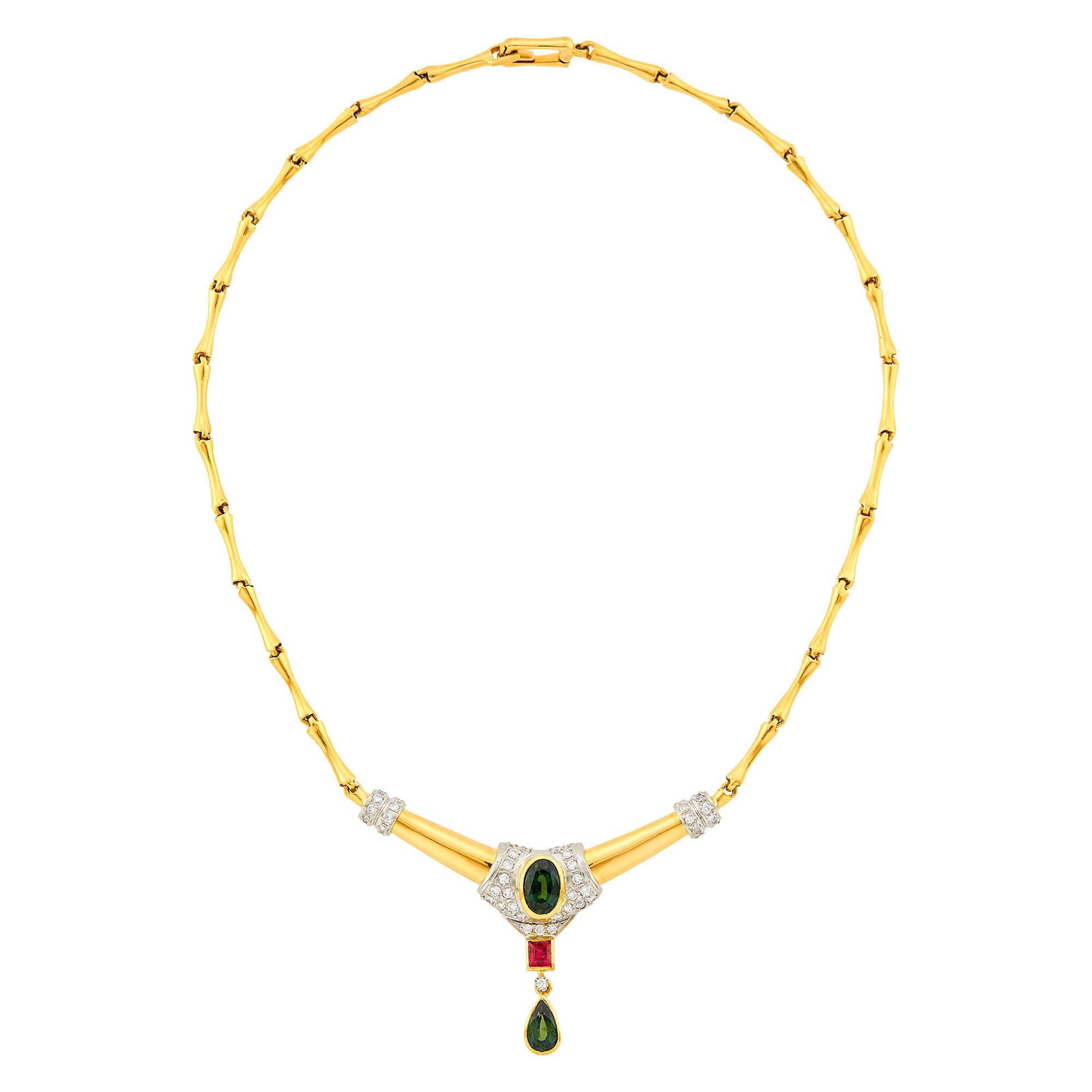 Peter Lindeman Gold, Green Sapphire, Ruby and Diamond Necklace (1 of 2)