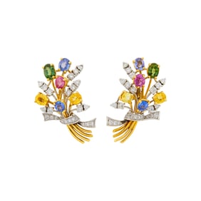 Pair of Two-Color Gold, Multicolored Sapphire and Diamond Bouquet Earrings