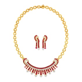 Gold, Ruby and Diamond Necklace and Pair of Pendant-Earrings