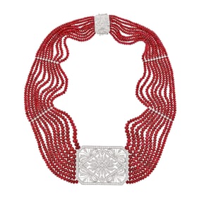 Nine Strand White Gold, Red Spinel Bead and Diamond Necklace
