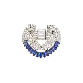 Platinum, Diamond and Synthetic Sapphire Clip-Brooch