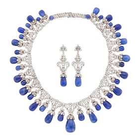 Silver, Sapphire and Diamond Fringe Necklace and Pair of Pendant-Earrings
