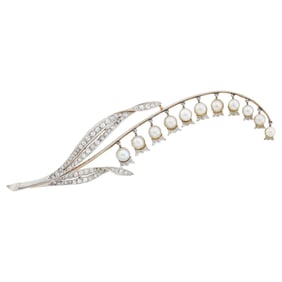 Antique Gold, Platinum, Button Pearl and Diamond Lily-of-the-Valley Brooch, France