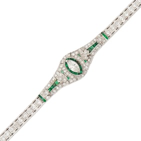 Platinum, Diamond and Simulated Emerald Bracelet