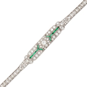 Platinum, Diamond and Simulated Emerald Bracelet