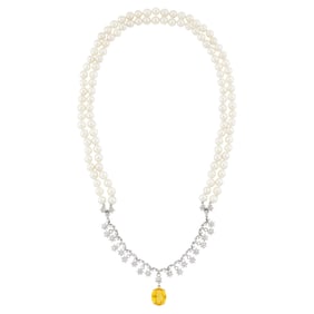 Double Strand Cultured Pearl, Two-Color Gold, Orangy Yellow Sapphire and Diamond Necklace