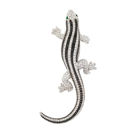 White Gold, Diamond and Black Diamond Lizard Clip-Brooch