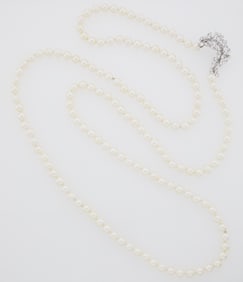 Long Cultured Pearl Necklace with Platinum, White Gold and Diamond Cluster Attachment