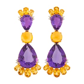 Pair of Gold, Amethyst, Citrine and Diamond Pendant-Earrings