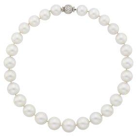 South Sea Cultured Pearl Necklace with White Gold and Diamond Ball Clasp