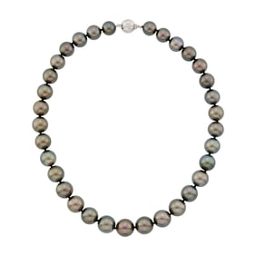 Tahitian Gray Cultured Pearl Necklace with Fluted White Gold and Diamond Ball Clasp