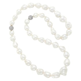 Long South Sea Baroque Cultured Pearl Necklace/Two Necklaces with White Gold and Diamond Ball Clasps