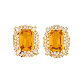 Pair of Gold, Orange Topaz and Diamond Earclips