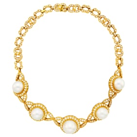 Gold, South Sea Cultured Pearl and Diamond Necklace