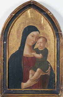 Italian School, 19th Century: Madonna and childOil and gold leaf on linen laid on board18 1/2 x 11 inches (Framed: 22 1/4 x 14 1/2 inches) Fair condition. Extensive craquelure consistent with age th