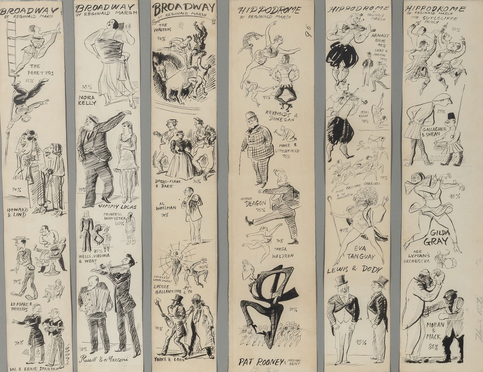 Reginald Marsh: American, 1898-1954(i) Broadway: Nora Kelly & Others; The Walton & Others; The Peretos & Others: ThreeEach ink and pencil on paperEach 23 x 4 inches(ii) Hippodrome: The Sutcliff Family &am