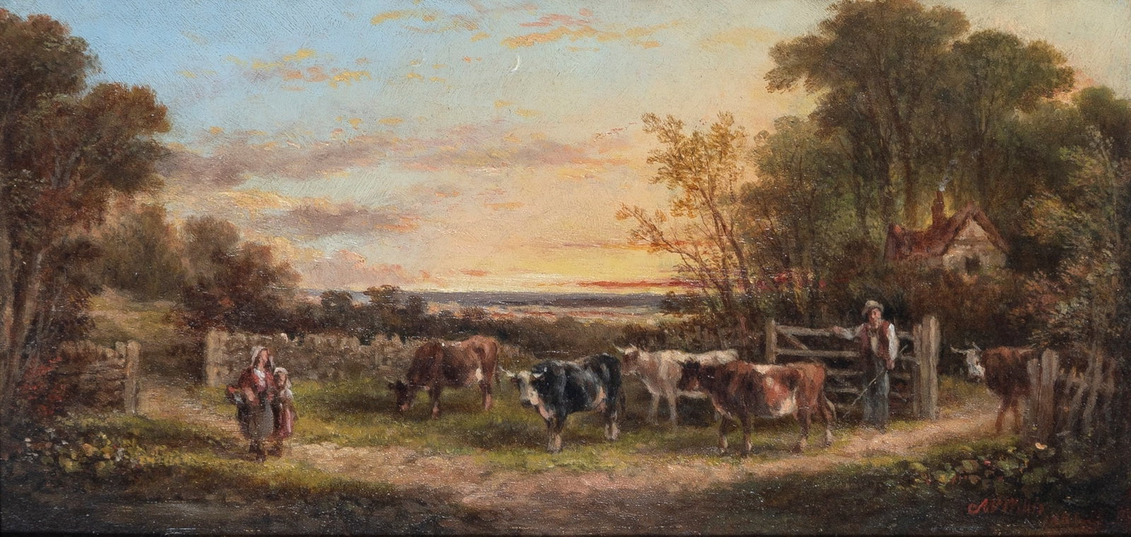 Edmund Aylburton Willis: American, 1808-1899 Farm Scene, 1886 Signed A Willis and dated 1886 (lr) Oil on board 6 x 12 1/8 inches Provenance: Roslyn Sandler, Atlanta, GA Brunk, Ashvi