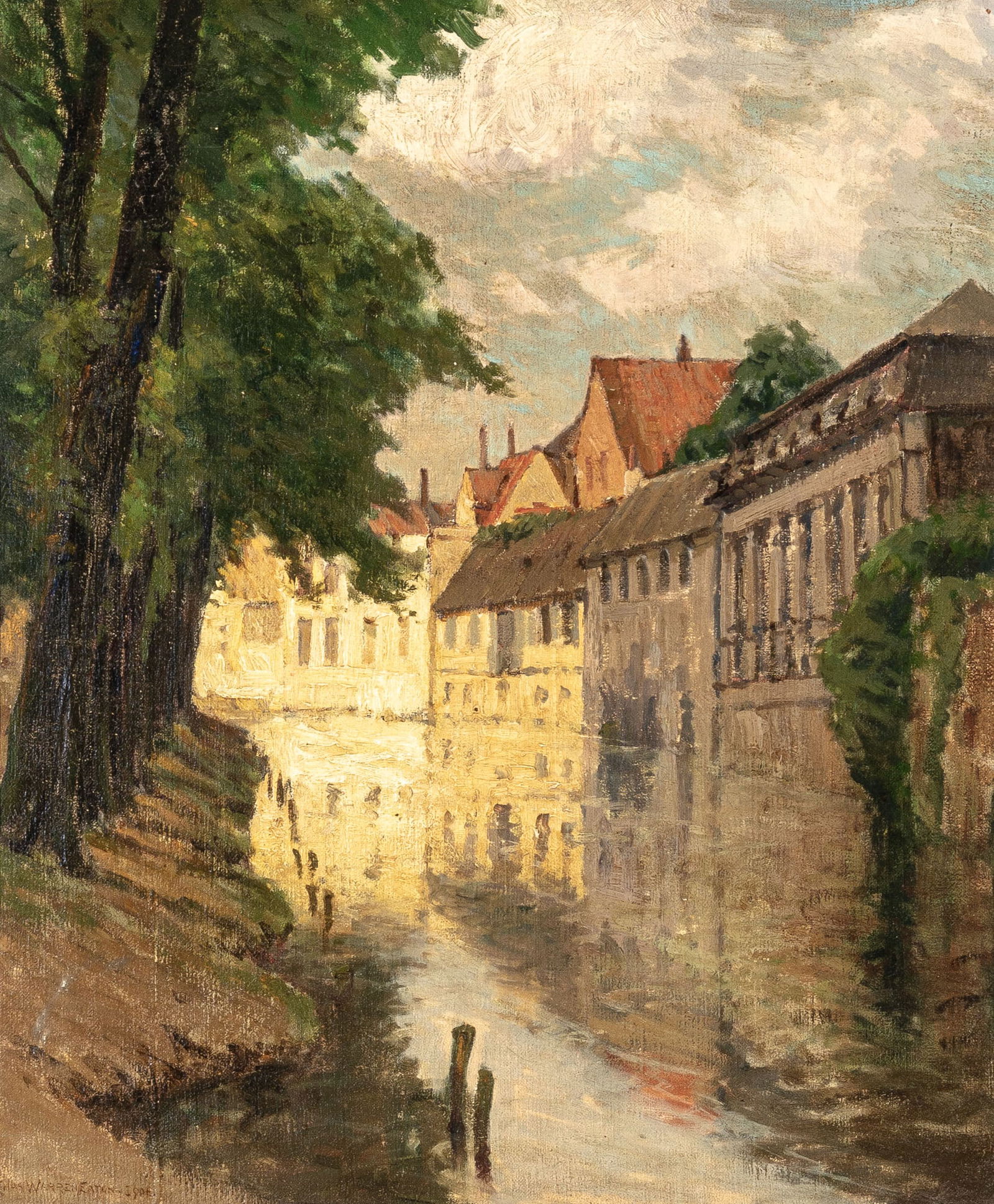 Charles Warren Eaton: American, 1857-1937The Dijver Canal in Bruges, 1906Signed CHAS WARREN EATON and dated 1906 (ll); inscribed The Dyver - Bruges... on the reverseOil on canvas24 x 20 inches (61