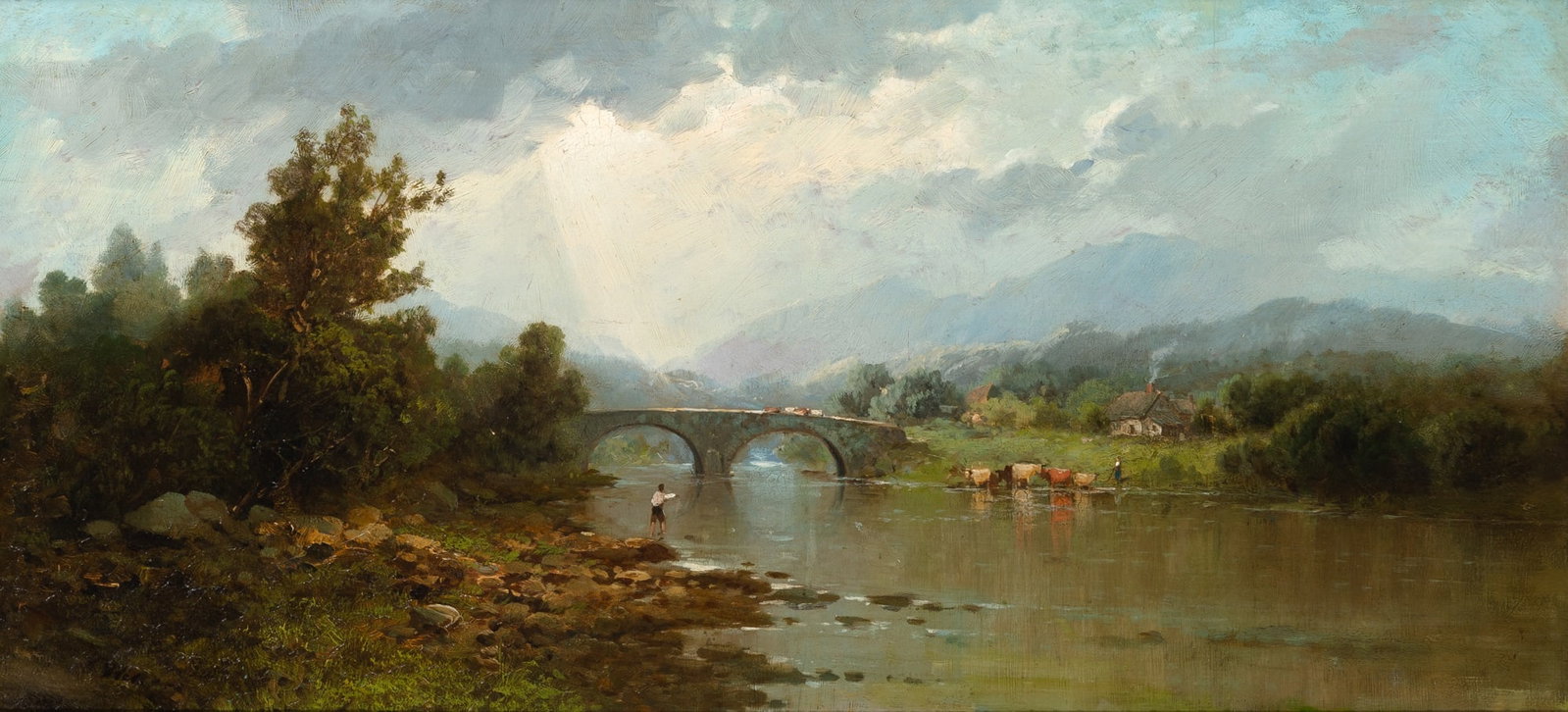 American School: 19th Century Along the Susquehanna Indistinctly signed, possibly Web... (ll) Oil on panel 13 1/2 x 28 inches (34.3 x 71.1 cm) (Framed 17 3/4 x 32 1/4 inches)