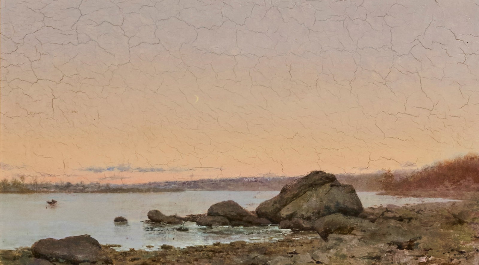 American School: 19th Century Twilight Seascape Oil on cradled panel 8 1/2 x 13 3/4 inches (21.6 x 34.9 cm) (Framed 17 x 22 inches) Network of drying cracks throughout the sky. Fine
