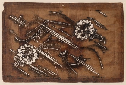 Japanese Stencil Cut Bark Painting Late Edo-Meiji Period